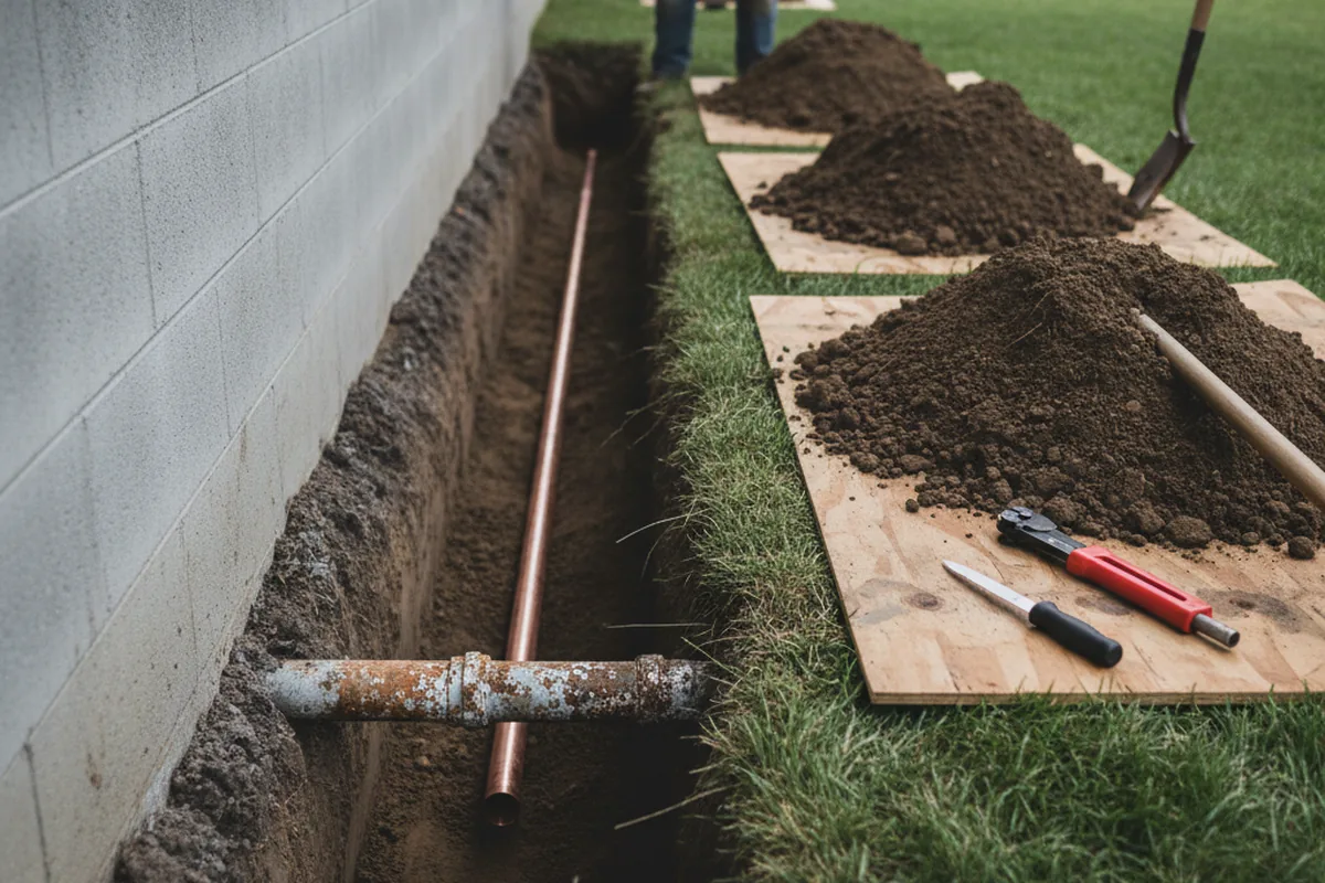 Excavated water line trench during Water Heater Repair in White